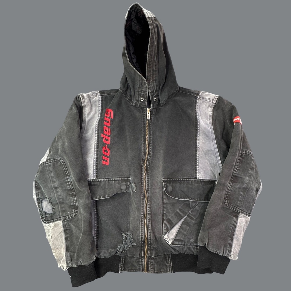 Snap on Tools Canvas Hooded Jacket Mens M Black Distressed Workwear Quilted